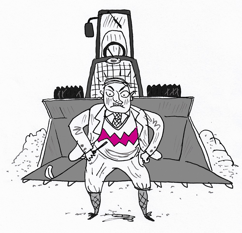 A cartoon illustration by John Levers of Tracy Jacks from the eponymous Blur song, looking angry with his hands on his hips and standing in front of a bulldozer